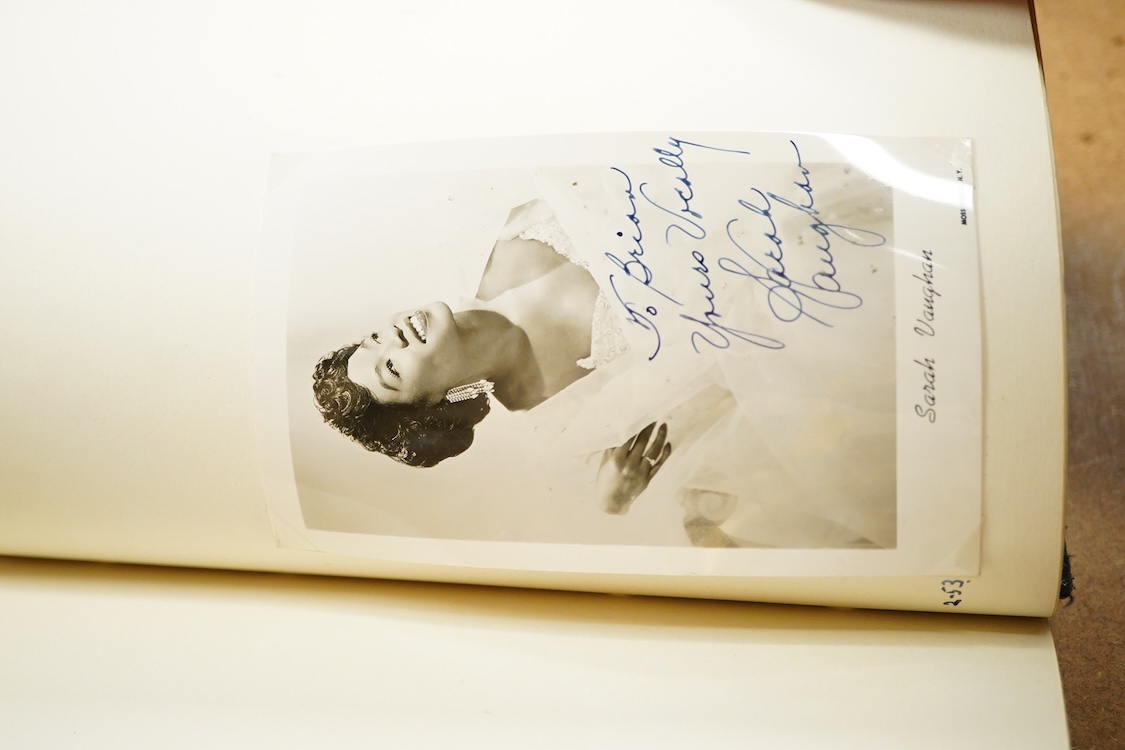 An album containing a wide selection of autographed publicity photographs of jazz and blues artists, including; Louis Armstrong, Chet Baker, Louis Bellson, Dave Brubeck, June Christy, Nat King Cole, Paul Desmond, Duke El